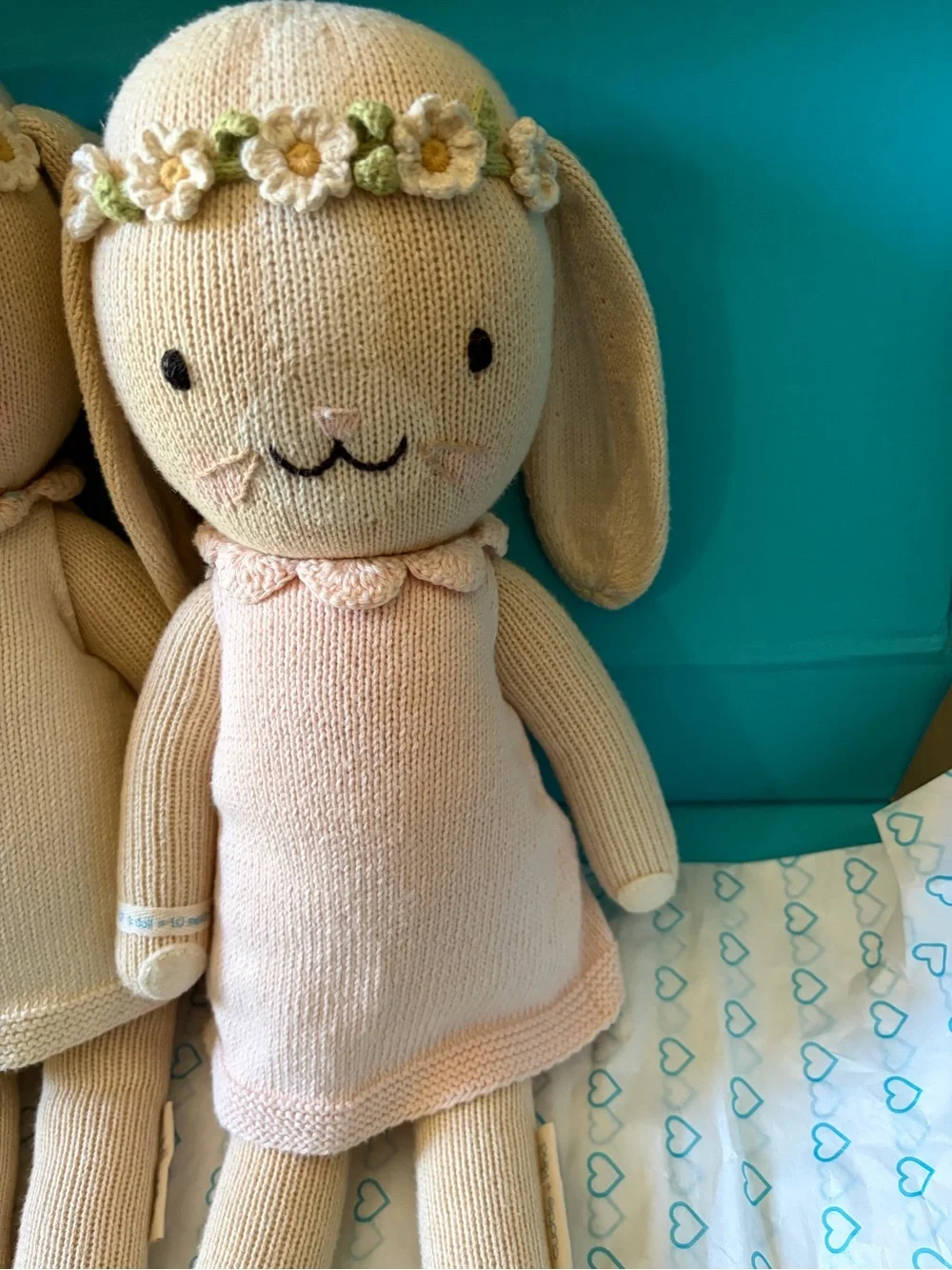 Cuddle + Kind Hand-Knit Bunny Doll in Ivory and Light Pink Dress